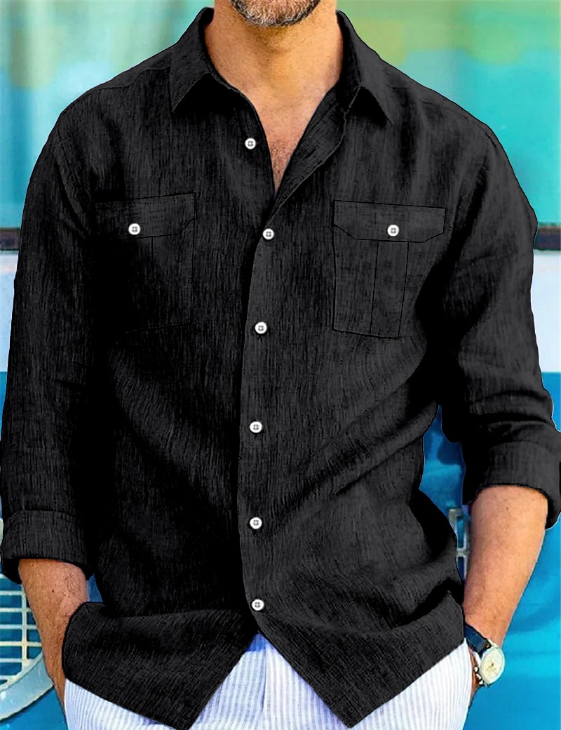 Per uomo Camicia camicia di lino Camicia in lino e cotone Camicia estiva Camicia da spiaggia Camicia con bottoni Liscio Informale Giornaliero Nero Bianco Blu Cachi Manica lunga Collo ripiegabile del 2025 a $23.99 –P4