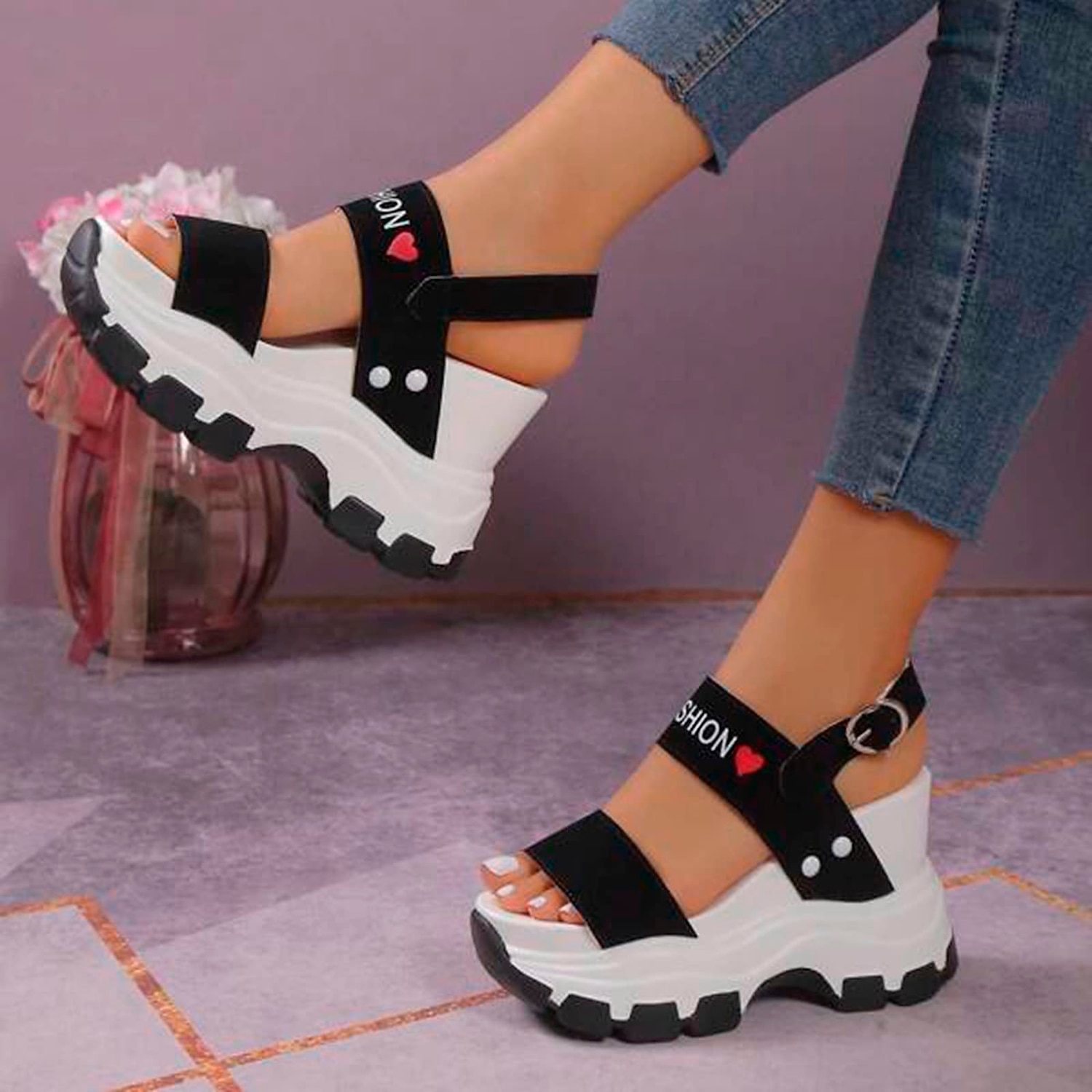 sandali con plateau chunky da donna – sandali sportivi con zeppa neri e bianchi con cinturini regolabili, scarpe estive alla moda per outfit casual e streetwear del 2026 a $42.99 –P15