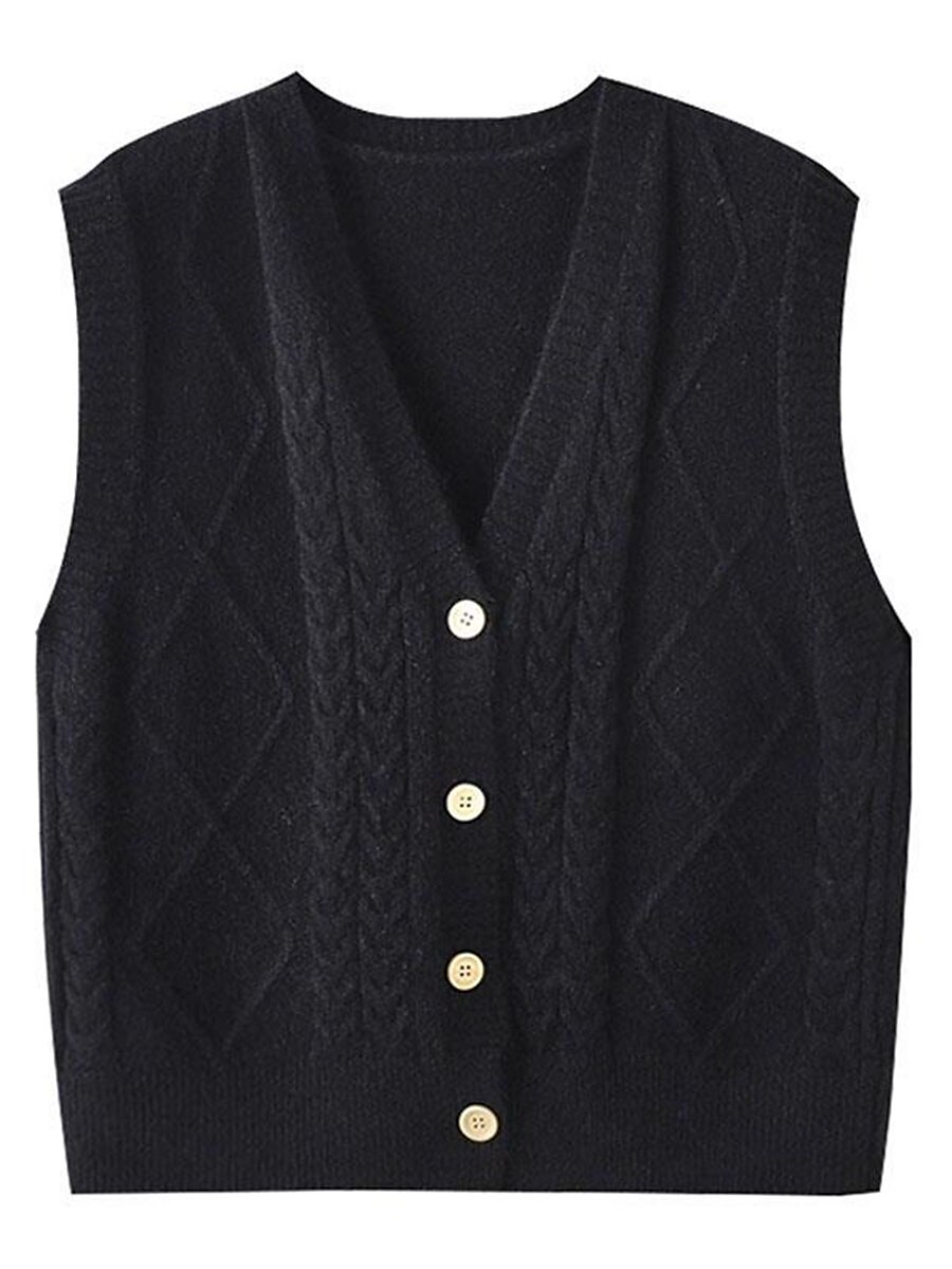 Women's Sweater Vest V Neck Cable Knit Polyester Button Summer Fall Daily Holiday Going out Sexy Casual Soft Sleeveless Pure Color Black White Pink One-Size 2023 - US $19.99 –P3