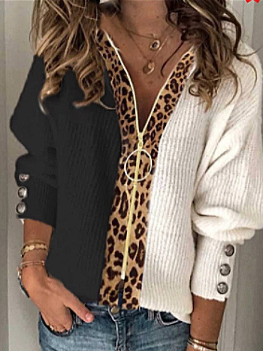 Women's Cardigan Sweater Half Zip V Neck Ribbed Knit Polyester Patchwork Zipper Fall Winter Outdoor Daily Going out Stylish Casual Soft Long Sleeve Leopard Color Block Black S M L 2023 - US $47.99 –P1