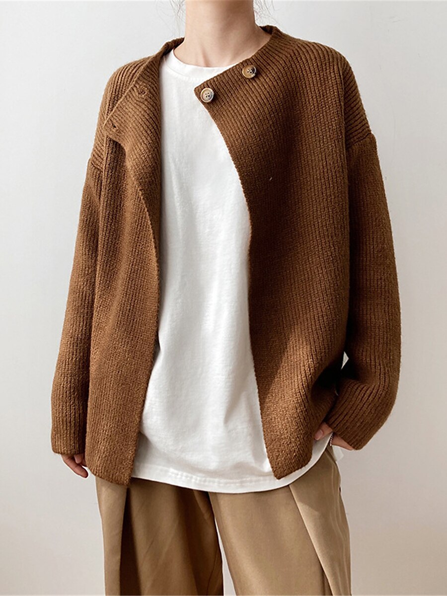 Women's Cardigan Sweater Crew Neck Ribbed Knit Polyester Button Summer Fall Daily Going out Weekend Stylish Casual Soft Long Sleeve Solid Color Khaki Beige Coffee One-Size 2023 - US $26.99 –P7