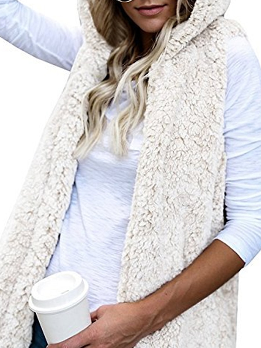 Women's Teddy Vest Warm Cream Teddy Coat with Hood Long  Sherpa Jacket with Pocket Cardigan Hoodie Fashion Daily Casual Plain Outerwear Sleeveless Fall Winter Black White Wine S M L XL XXL 3XL 2023 - US $22.99 –P11