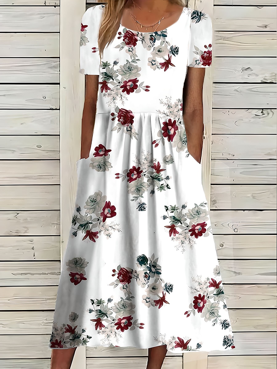 Robe midi femme impression à fleurs avec poches col rond quotidienne rendez-vous manches courtes été printemps de 2025 ? $46.99 –P2