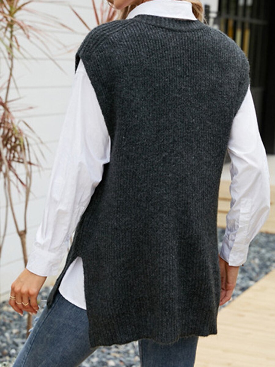 Women's Sweater Vest V Neck Ribbed Knit Polyester Split Summer Fall Daily Going out Weekend Stylish Casual Soft Sleeveless Solid Color Black Gray S M L 2023 - US $27.99 –P8