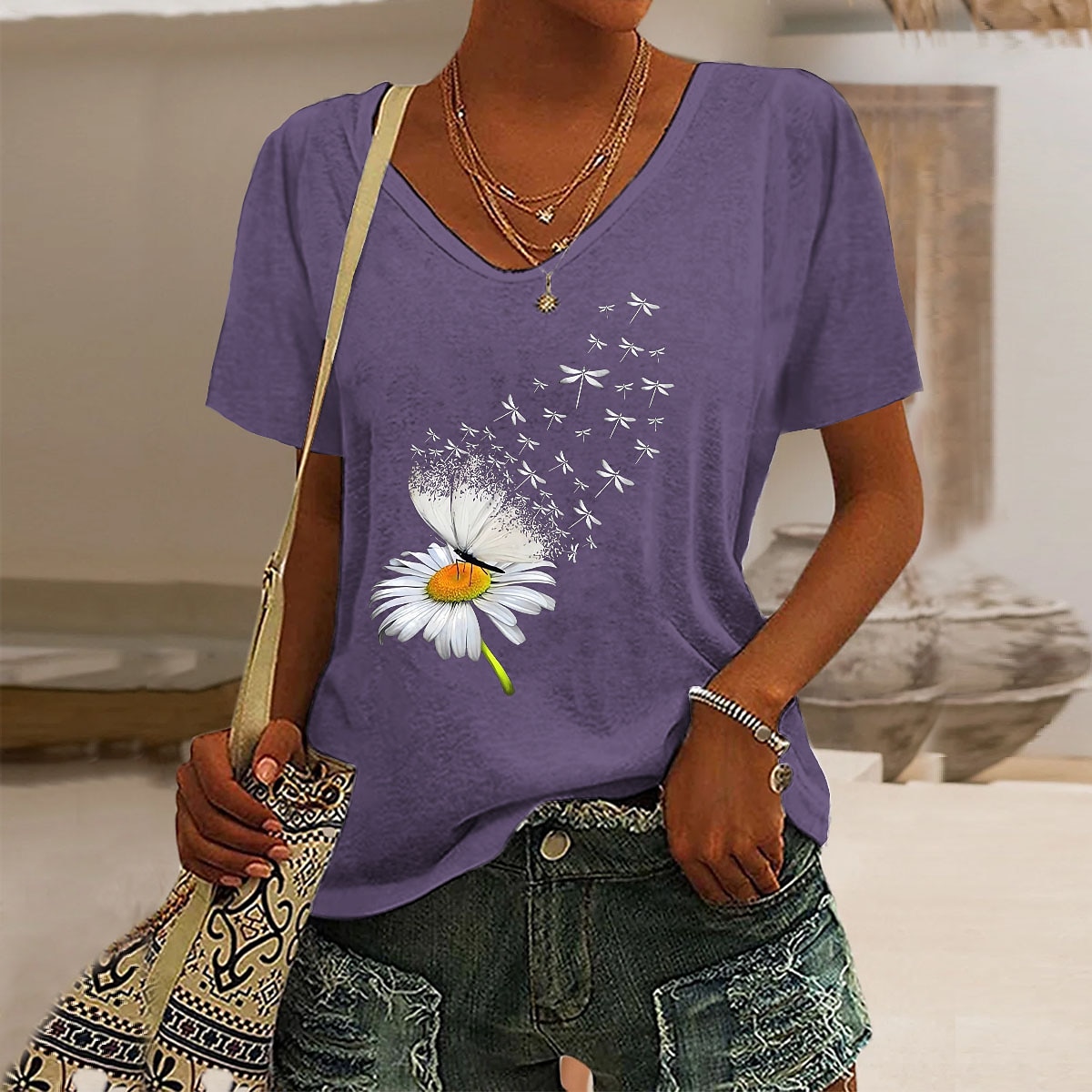 Women's T Shirt Butterfly Dandelion Basic Short Sleeve V Neck Regular Tops Weekend Print Black Pink Blue Purple Green Summer 2025 - $15.99 –P9