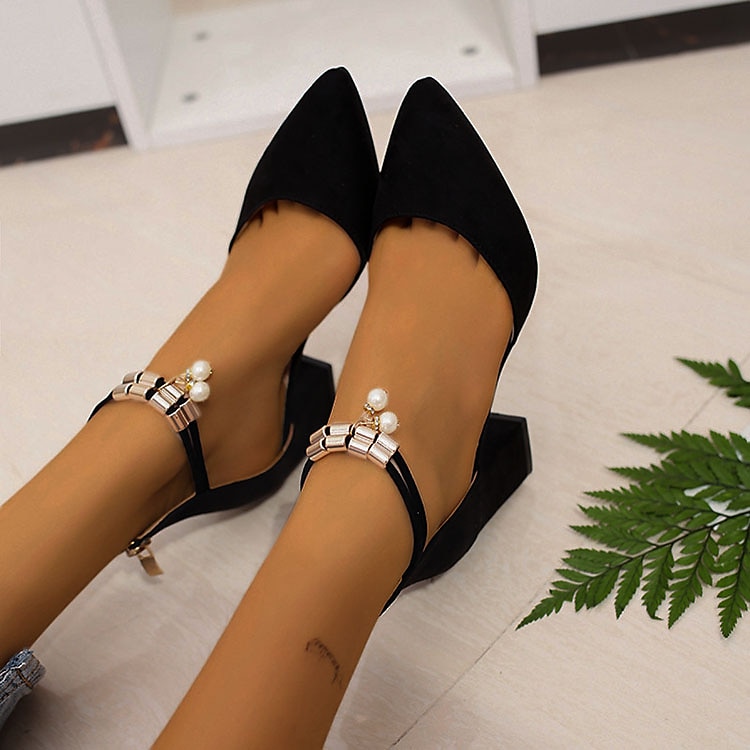 Women's Heels Pumps Sandals Dress Shoes Block Heel Sandals Heel Sandals Office Daily Solid Color Summer Imitation Pearl High Heel Chunky Heel Pointed Toe Elegant Fashion Cute Faux Suede Buckle Black 2023 - AED 112.98 –P2