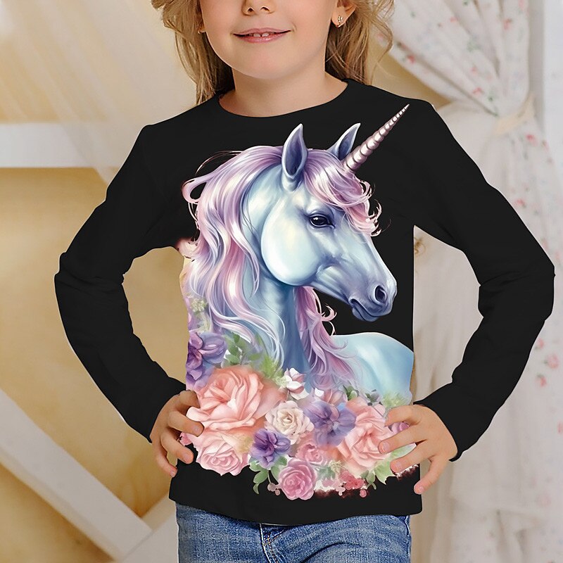 Flickor 3D Grafisk Tecknat Enhörnings T-shirt Långärmad 3D-tryck Sommar Vår Höst Aktiv Mode söt stil Barn 3-12 år Utomhus Ledigt Dagligen Normal 2025 - $13.99 –P5