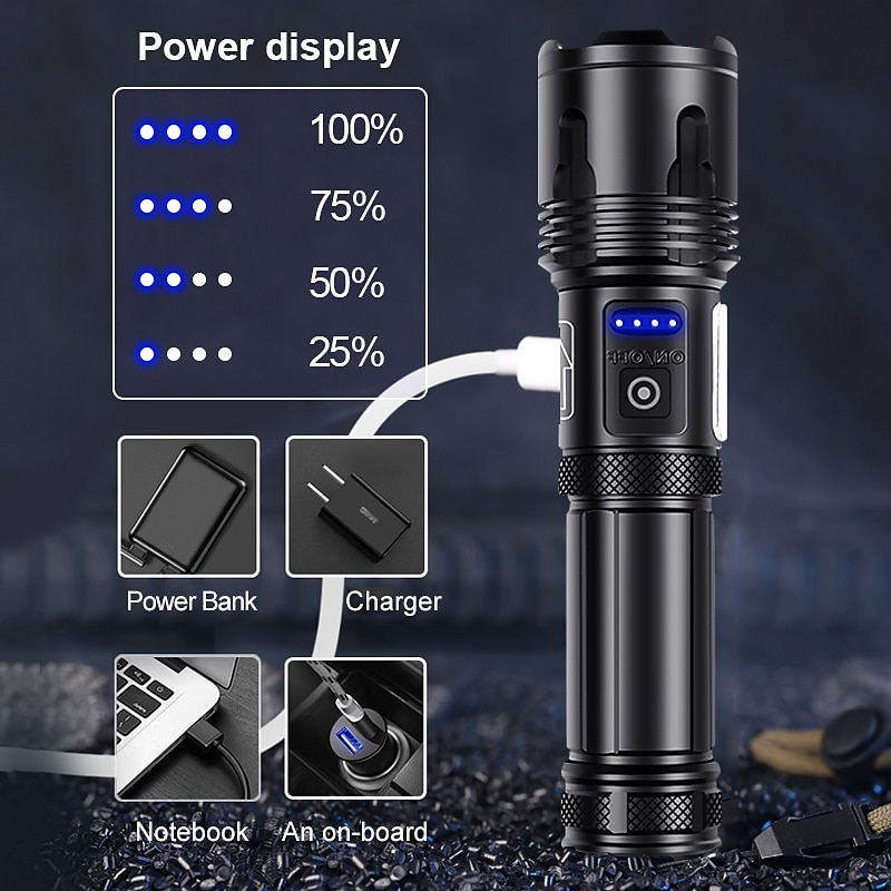 2025年 P70 携帯式フラッシュライト 防水 LED エミッタ 自動 照明モード USBケーブル付き 防水 新デザイン コンパクトデザイン 耐用的 キャンプ / ハイキング / ケイビング 日常使用 狩猟 ブラック コレクション – $31.99 –P5