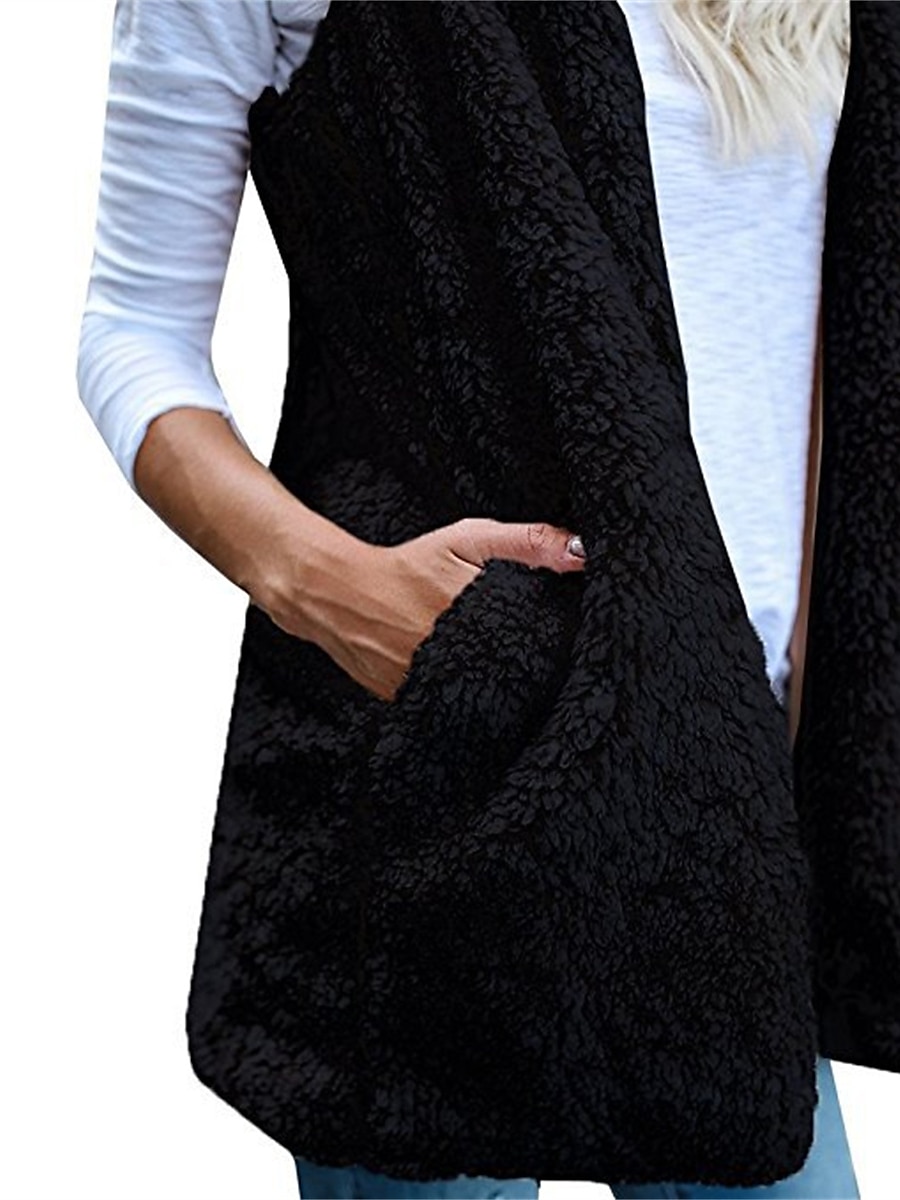 Women's Teddy Vest Warm Cream Teddy Coat with Hood Long  Sherpa Jacket with Pocket Cardigan Hoodie Fashion Daily Casual Plain Outerwear Sleeveless Fall Winter Black White Wine S M L XL XXL 3XL 2023 - US $22.99 –P20