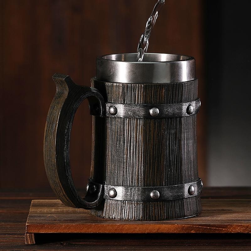 Beer Mugs, Nordic Viking Rune Beer Glasses Large Oak Beer Mug Coffee Mug with Stainless Steel Wood Resin 3D, Mugs for Men, Father's Day Gift 2025 - $37.99 –P5