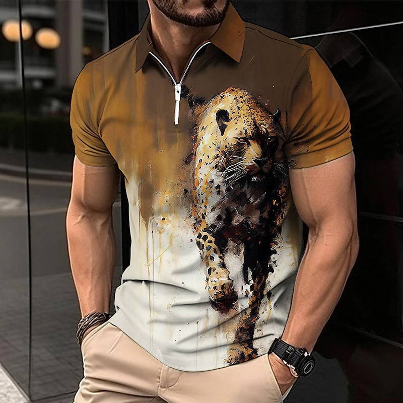 Men's Lion Zip Polo Shirts Golf Shirt Short Sleeve Polo Shirts Collared Shirts Casual Funny Streetwear Vacation Wear Party Outfits 3D Print Quarter Zip Polo Black White Yellow 2025 - $22.99 –P6