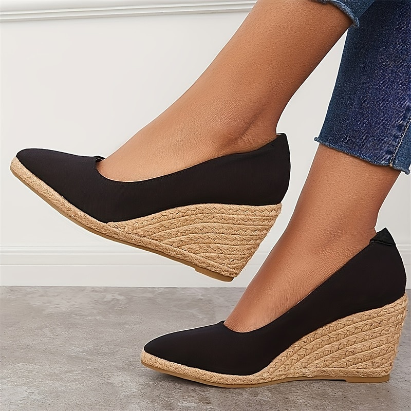 pantofi cu pană din pânză neagră de damă – pantofi cu platformă espadrile cu talpă împletită din iută pentru ținute casual de vară, vacanțe la plajă și ținute de zi cu zi 2025 - $46.99 –P2