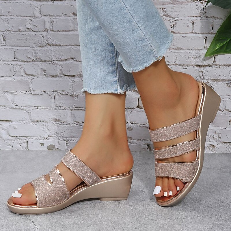 Women's Sandals Slippers Mules Wedge Sandals Outdoor Slippers Wedding Party Outdoor Solid Color Summer Sequin Wedge Heel Elegant Fashion Luxurious PU Loafer Silver Gold 2023 - AED 94.99 –P3