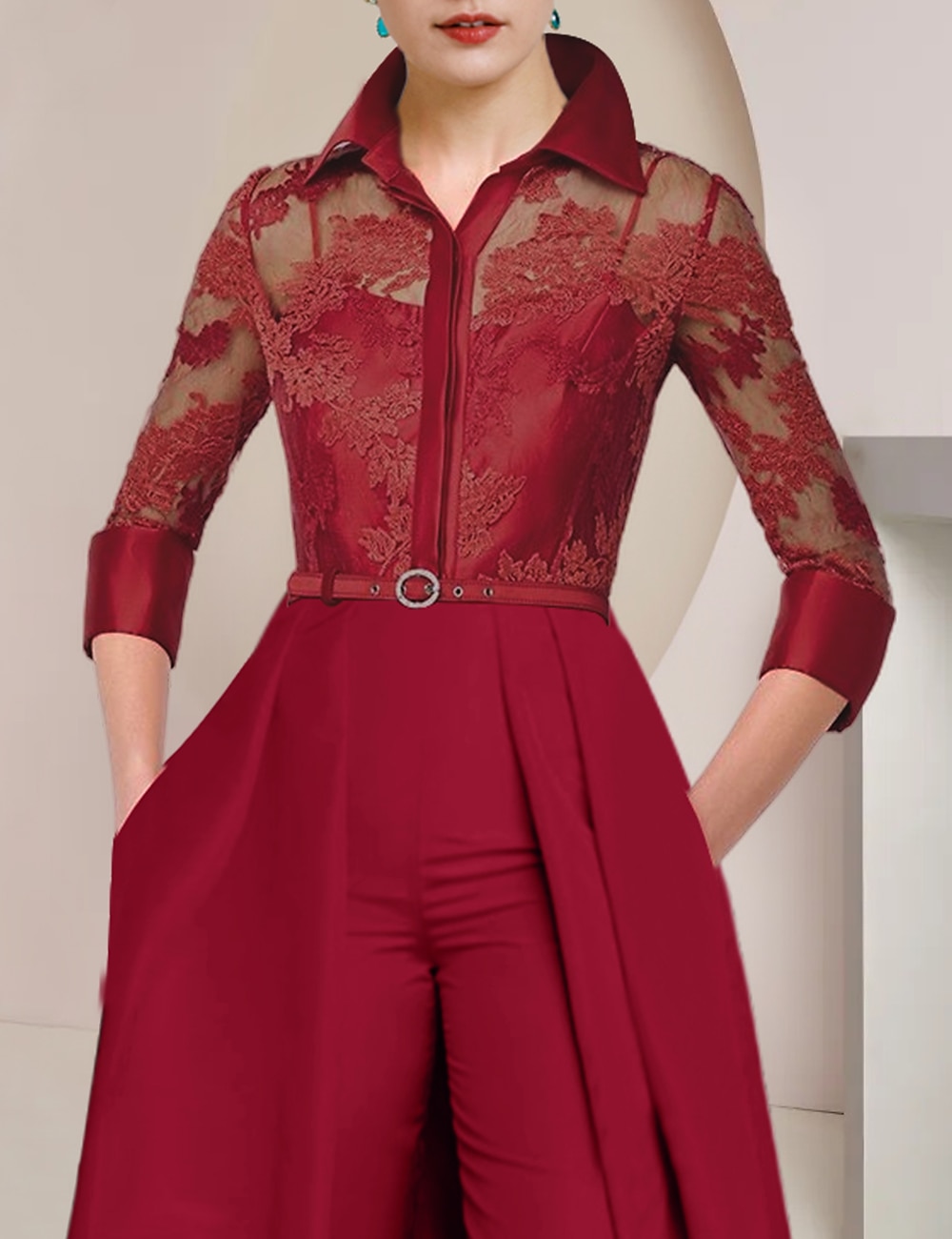 Overál  kalhotový kostým matky nevěsty formální svatební host elegantní párty košile límečkem délka kotníků satén krajka 3/4 délky rukávu s záhyby volným vlastním rozměrem 2025 - $209.99 –P2