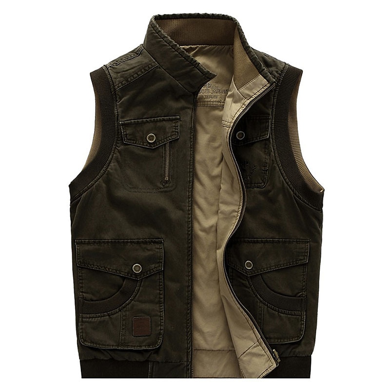 Men's Gilet Daily Wear Vacation Going out Fashion Casual Spring & Fall Multi Pocket 95% Cotton Comfortable Plain Zipper Stand Collar Regular Fit khaki Army Green Vest 2025 - $74.99 –P3