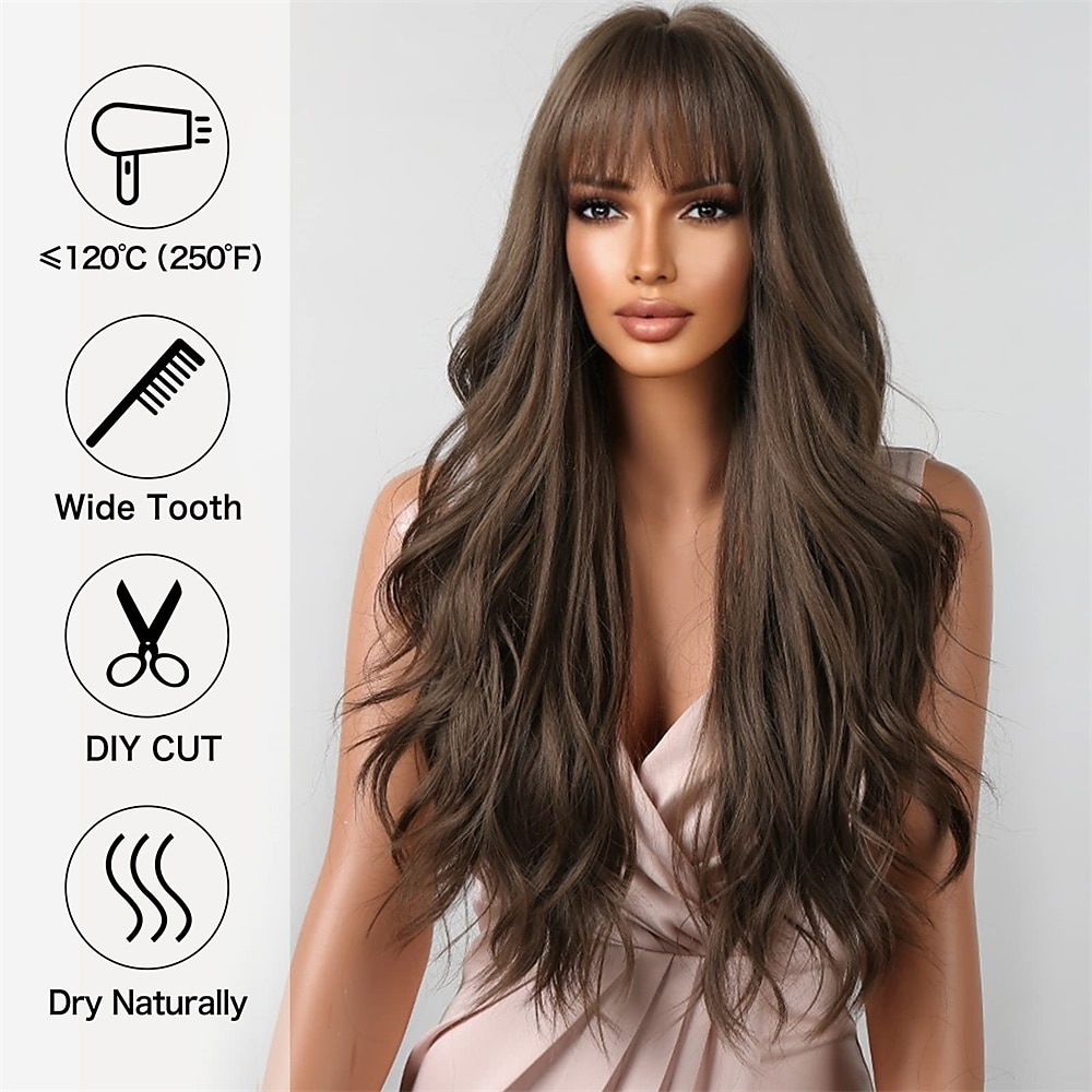 chocoladebruine pruiken voor vrouwen cosplay lang krullend pruik met pony natuurlijk golvend partij synthetisch haar 2025 - $32.99 –P15
