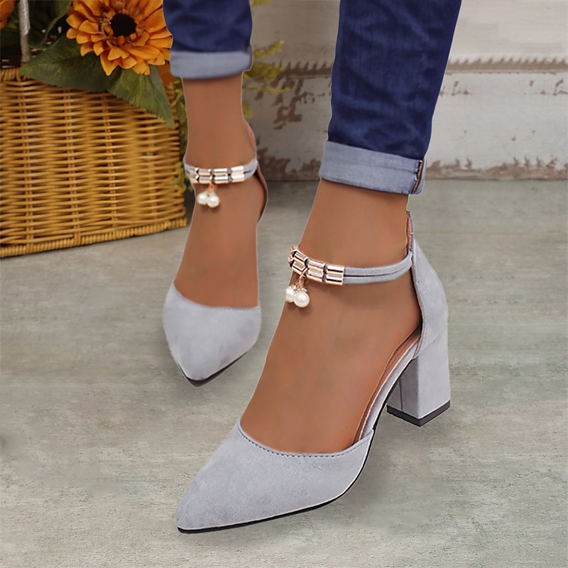 Women's Heels Pumps Sandals Dress Shoes Block Heel Sandals Heel Sandals Office Daily Solid Color Summer Imitation Pearl High Heel Chunky Heel Pointed Toe Elegant Fashion Cute Faux Suede Buckle Black 2023 - AED 112.98 –P6