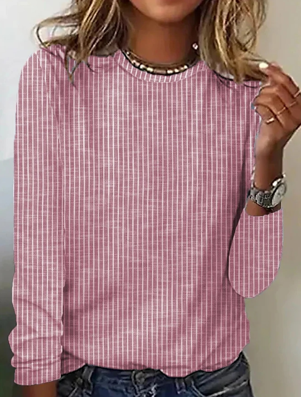 Damen T Shirt Gestreift Basic Langarm Rundhalsausschnitt Normale Oberteile Täglich Wochenende Bedruckt Rosa Blau Grün Grau Herbst Winter 2025 - $23.99 –P12