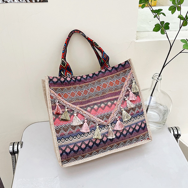 Women Handbags Large Capacity Linen Totes Lady Tassel Shoulder Bag