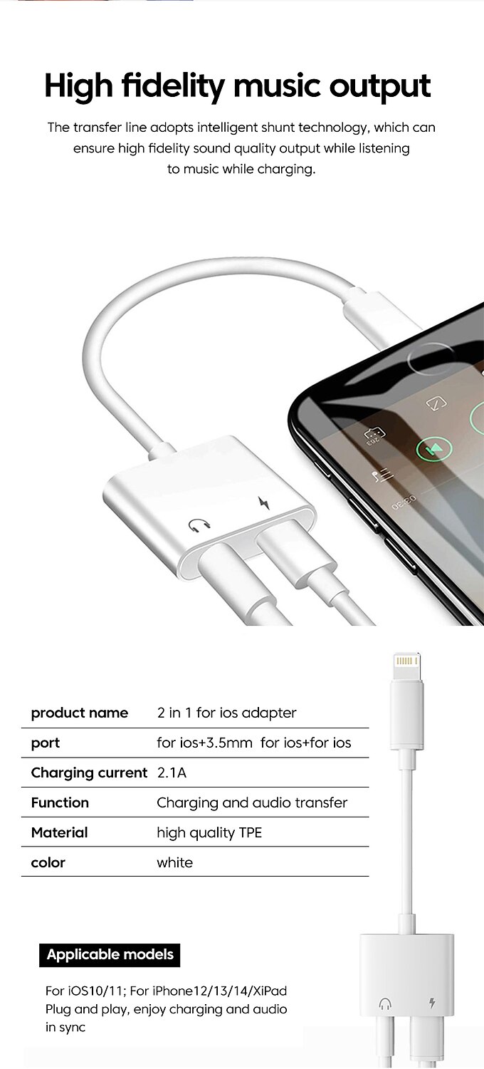 adapter & splitter voor iphone hoofdtelefoon 2 in 1 dual interface voor iphone oplader kabel aux audio adapter converter voor iphone 13/12/11/x/xs/xr/8/7 ipad ondersteuning bellen opladen 2025 - $10.99 –P8
