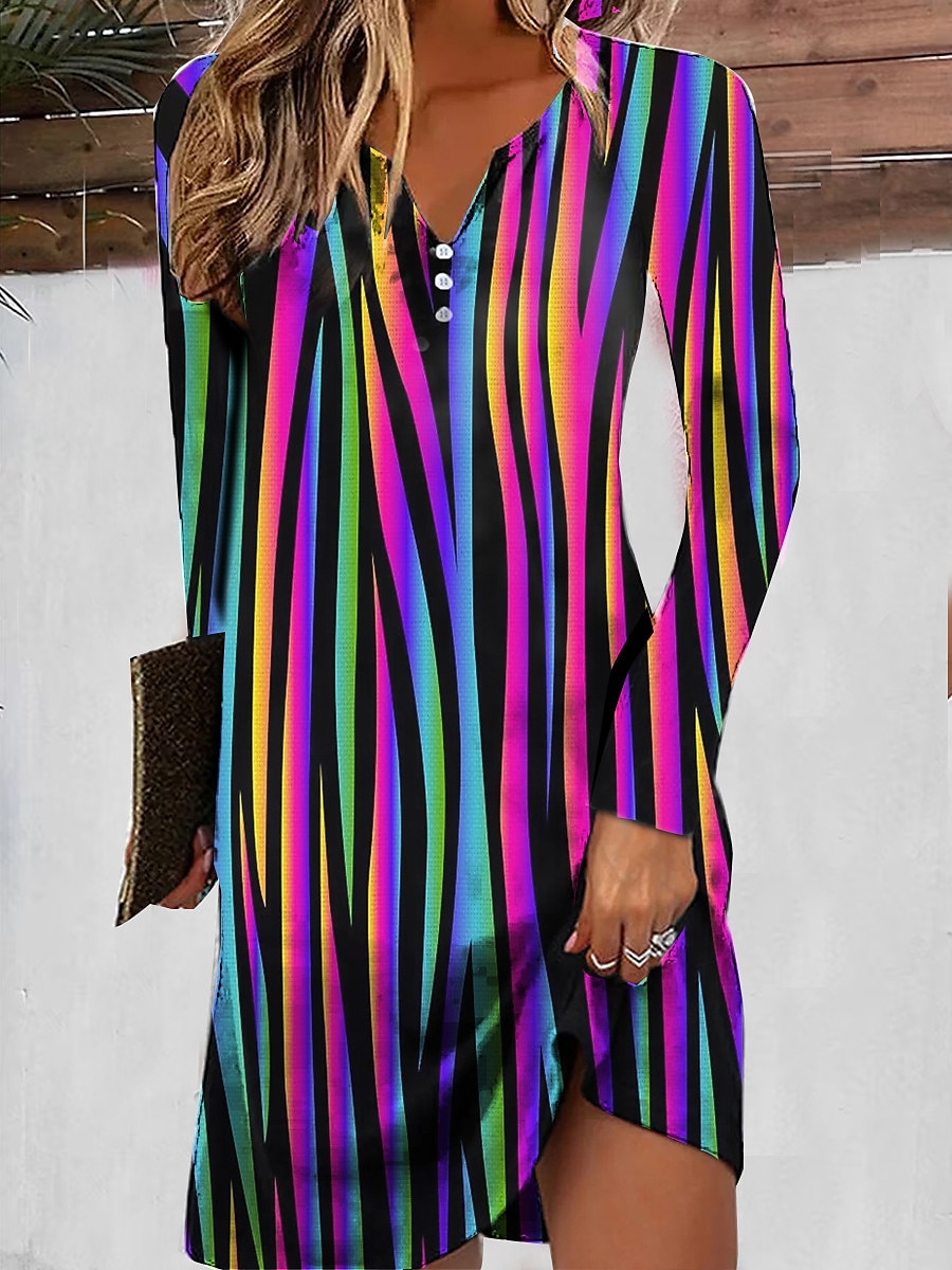 Mujer Mini Dress Stripe Button Print Split Neck Daily Date Long Sleeve Summer Spring 2025 - $25.99 –P1