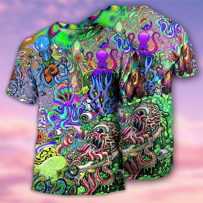 Herre Grafisk Sopp Monster T skjorte Kortermet T skjorte 3D-utskrift Crew-hals Skjorte Årgang Mote Designer utendørs Daglig Sport Blå Lilla Oransje Vår sommer Klær S M L XL 2XL 3XL 2025 - $17.99 –P3