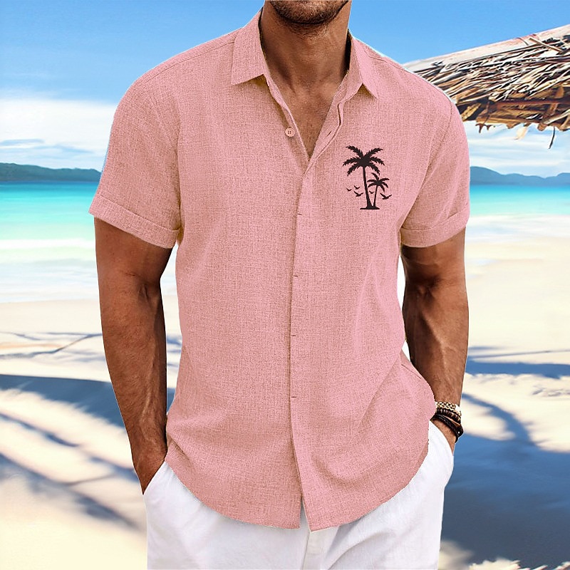 Voor heren Kokosnootboom Tropische planten Overhemd Hawaiiaans overhemd Aloha-shirt Korte Mouw Overhemd Strijkijzer Modieus Ontwerper Casual Buiten Straat Casual Wit Blozend Roze blauw S M L 2025 - $24.99 –P4