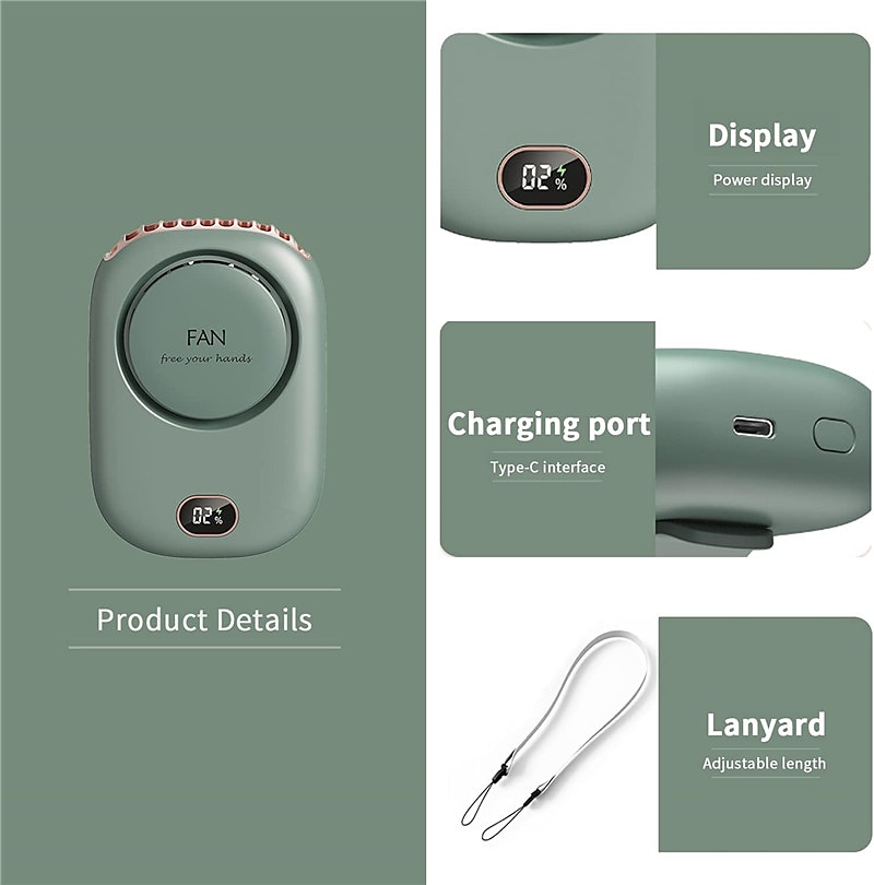 Портативный вентилятор для шеи с регулируемой шнуровкой – USB перезаряжаемый вентилятор без лопастей с 3 скоростями для охлаждения в пути 2025 - $22.99 –P7