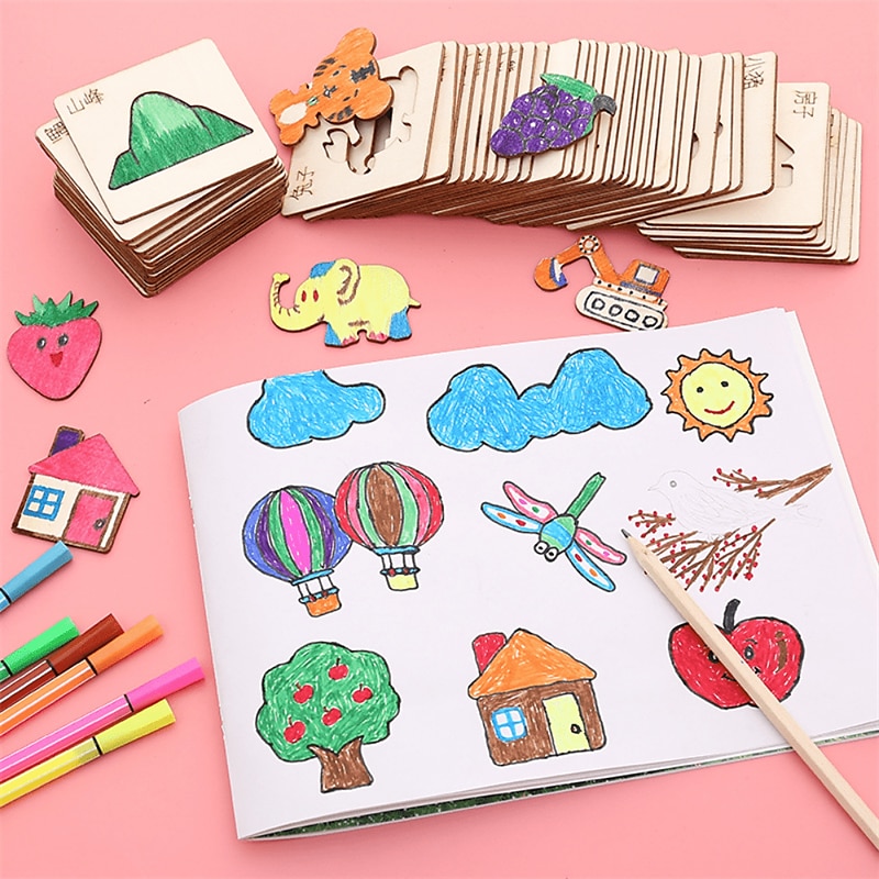 20pcs montessori bambini disegno giocattoli in legno modello di pittura fai da te stencil apprendimento giocattoli educativi per il regalo dei bambini, ritorno a materiale scolastico del 2025 a $4.99 –P6