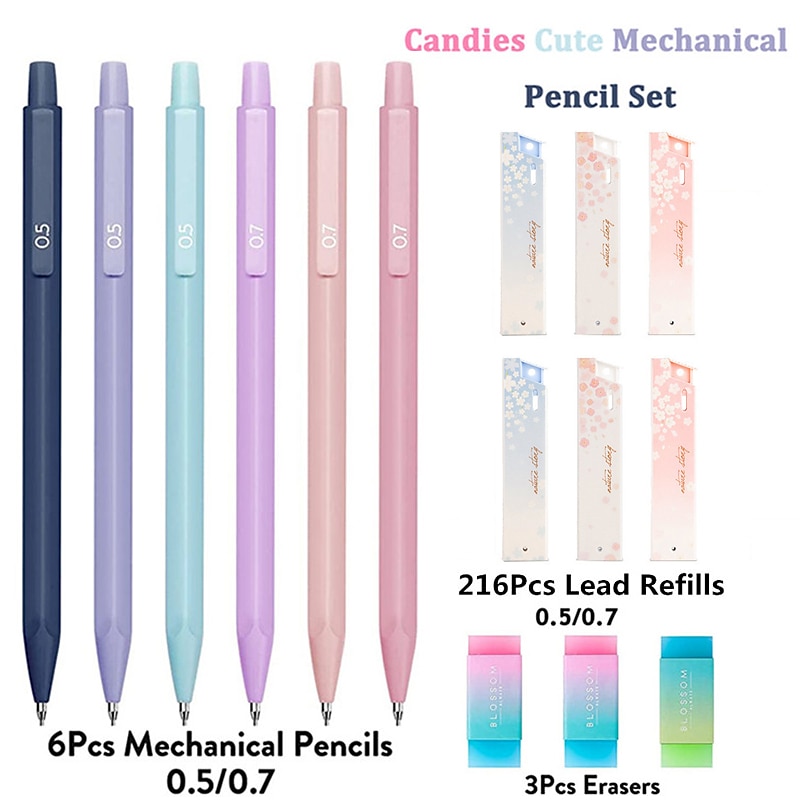 set di matite meccaniche, 6 matite meccaniche pastello da 0,5 mm & 0,7 mm con 216 matite hb e gomme 3 pezzi, matite meccaniche estetiche per la scrittura di ragazze del 2025 a $17.99 –P1
