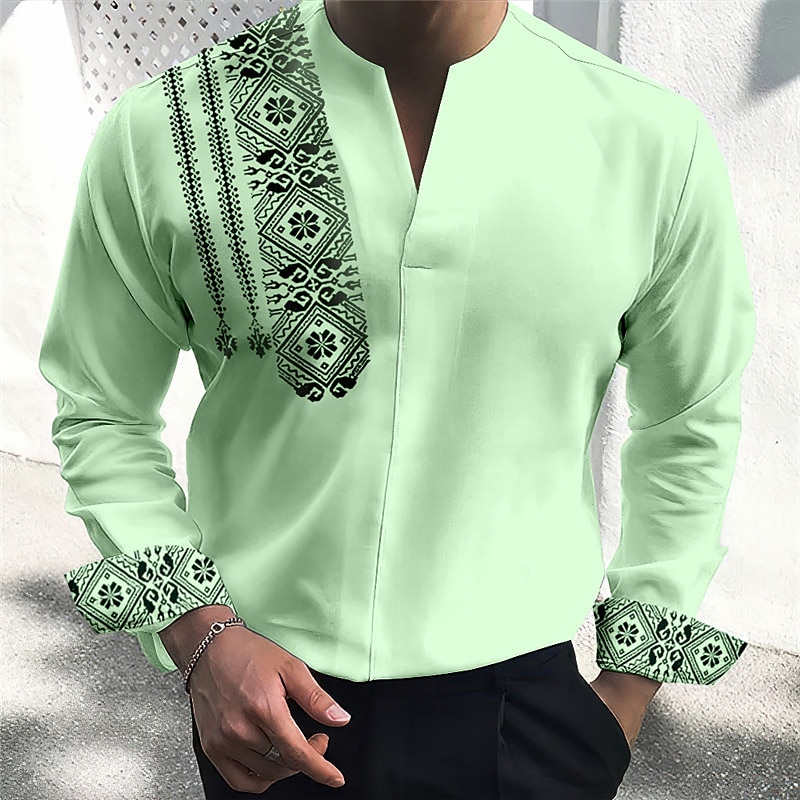 Bărbați Epocă Geometrie Totem Cămașă Camașă cu nasturi Manșon Lung Modă Șic Stradă Designer În aer liber Casual Zilnic Vară Toamnă În V Imprimeu Alb Albastru piscină Trifoi Kaki Albastru Deschis 2025 - $26.99 –P5