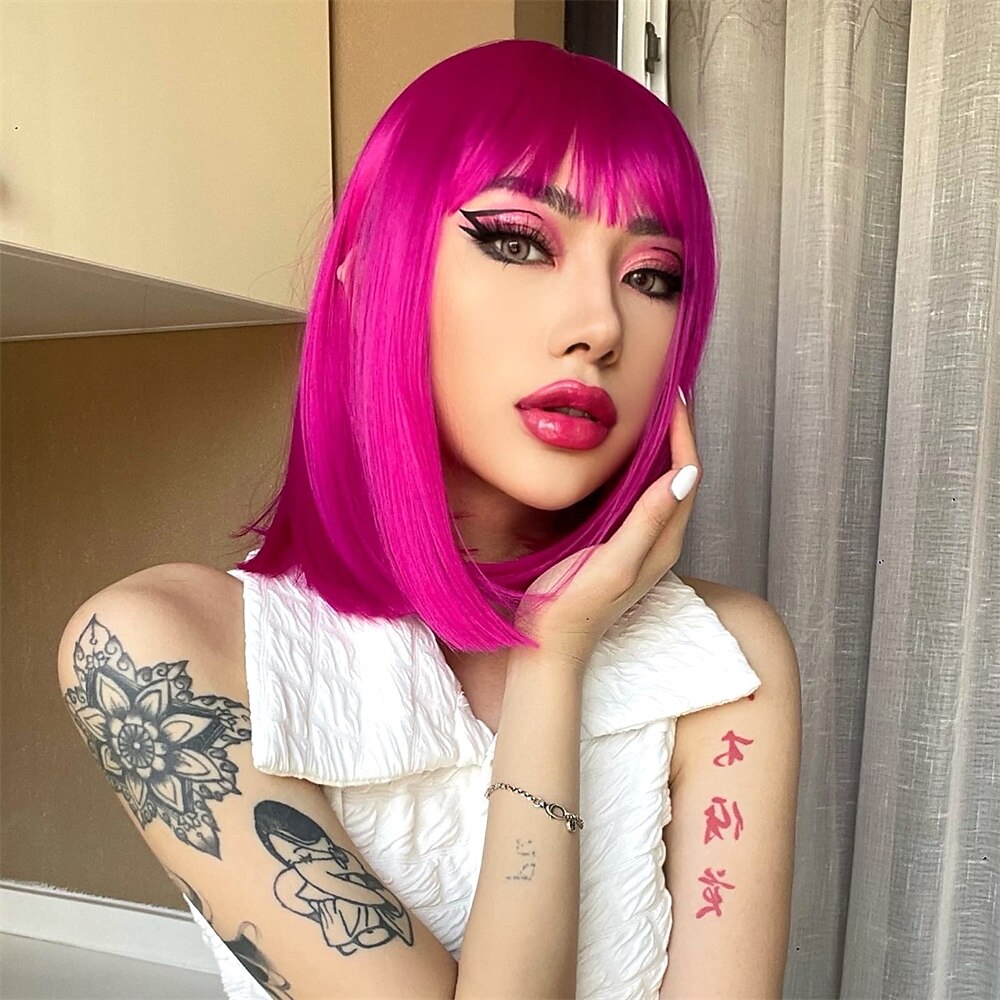 Peruca Roxa com Franja Peruca Bob Curta e Lisa para Mulheres 12 Polegadas Peruca Sintética Colorida de Festa Perucas de Halloween de 2026 por $18.49 –P5