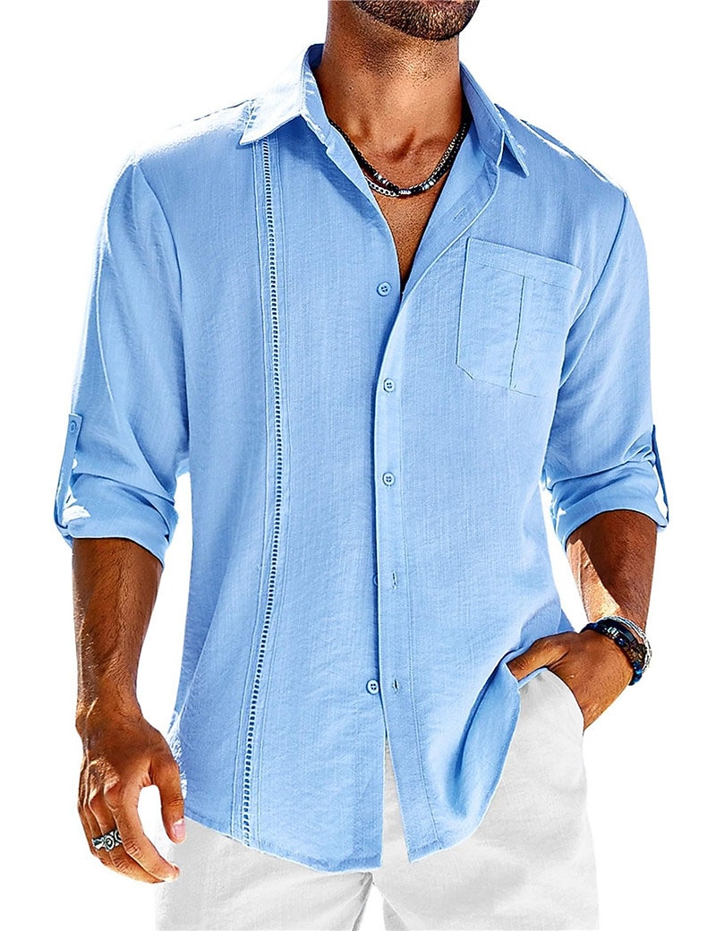 Men's Shirt Guayabera Shirt Linen Shirt Button Up Shirt Summer Shirt Beach Shirt Black White Navy Blue Long Sleeve Plain Turndown Spring & Summer Casual Daily Clothing Apparel Patchwork 2026 - $25.99 –P18