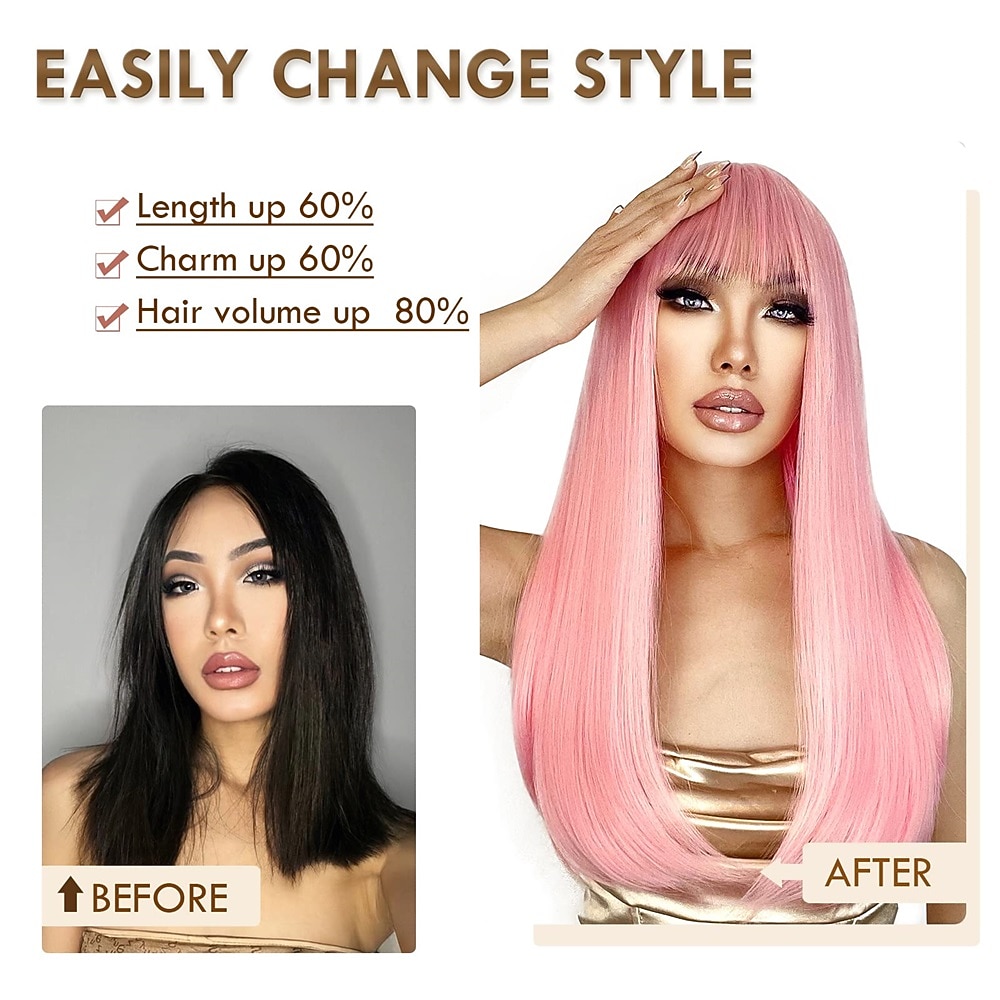 2026年 女性用レッドウィッグ ロングストレートウィッグ バング付き 合成バーガンディウィッグ カラフルなコスプレウィッグ ガールズデイリーパーティ用 22インチハロウィンウィッグ  コレクション – $18.49 –P12