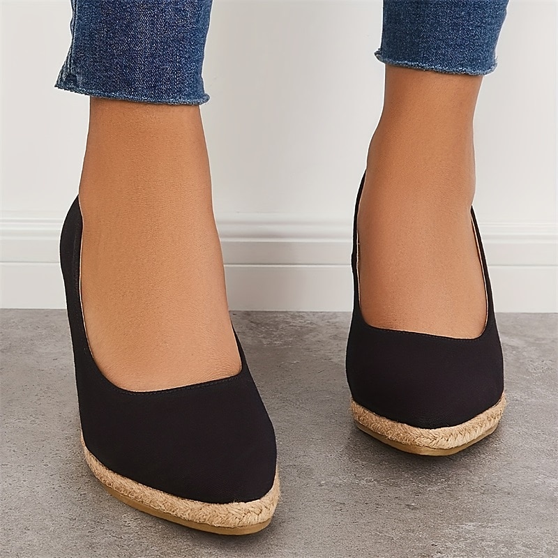 pantofi cu pană din pânză neagră de damă – pantofi cu platformă espadrile cu talpă împletită din iută pentru ținute casual de vară, vacanțe la plajă și ținute de zi cu zi 2025 - $46.99 –P3