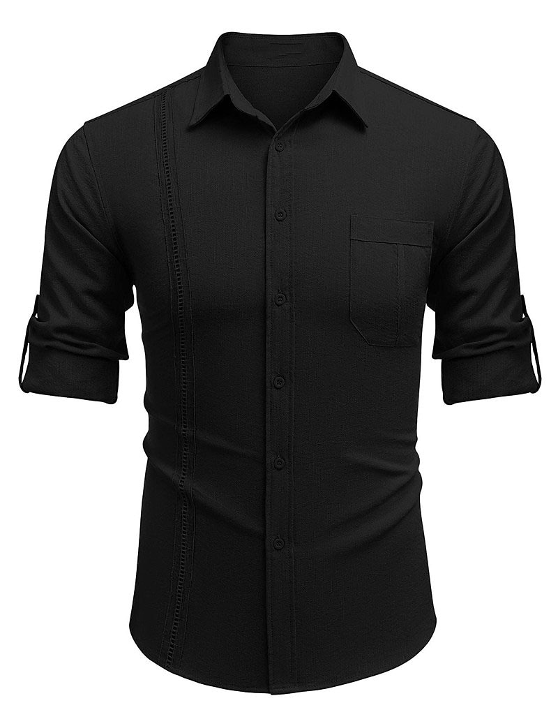 Men's Shirt Guayabera Shirt Linen Shirt Button Up Shirt Summer Shirt Beach Shirt Black White Navy Blue Long Sleeve Plain Turndown Spring & Summer Casual Daily Clothing Apparel Patchwork 2026 - $25.99 –P13