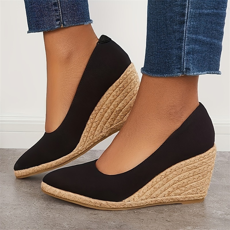 pantofi cu pană din pânză neagră de damă – pantofi cu platformă espadrile cu talpă împletită din iută pentru ținute casual de vară, vacanțe la plajă și ținute de zi cu zi 2025 - $46.99 –P1