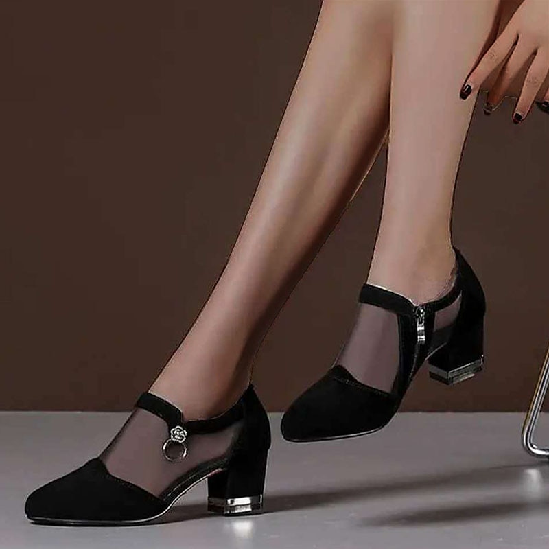 Women's Mesh Panel Chunky Heel Dress Shoes - Elegant Black Formal Pumps with Zipper and Ring Detail 2025 - $29.99 –P7