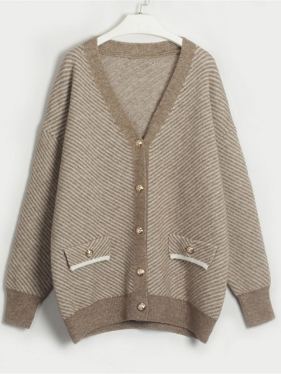 Women's Cardigan Sweater V Neck Ribbed Knit Acrylic Polyester Button Print Summer Fall Long Outdoor Daily Going out Stylish Casual Soft Long Sleeve Striped White Camel Light Blue One-Size 2023 - US $43.99 –P12