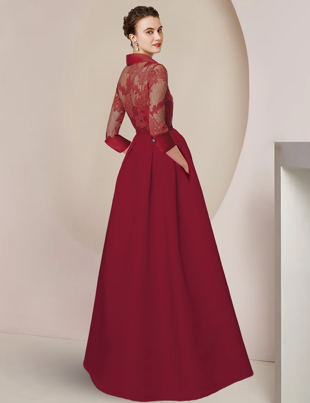 Overál  kalhotový kostým matky nevěsty formální svatební host elegantní párty košile límečkem délka kotníků satén krajka 3/4 délky rukávu s záhyby volným vlastním rozměrem 2025 - $209.99 –P3