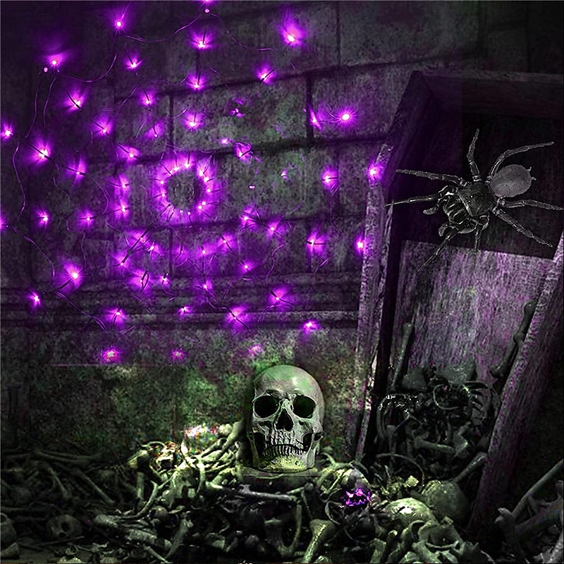 Luzes de teia de aranha de Halloween 60 LED com aranha preta à prova d'água luzes de rede roxas controle remoto alimentado por USB 8 modos teia de aranha para decoração de quintal de festa iluminação de 2025 por $23.99 –P5