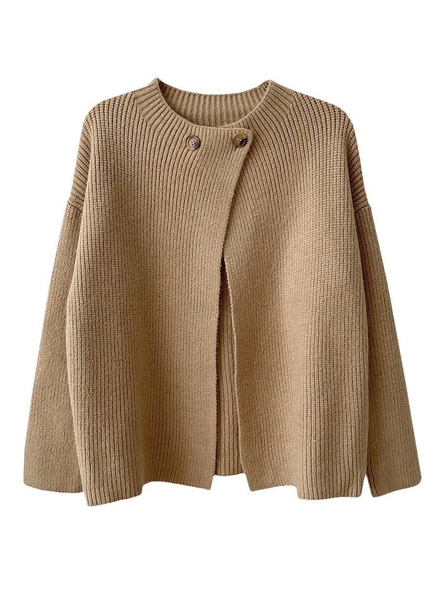 Women's Cardigan Sweater Crew Neck Ribbed Knit Polyester Button Summer Fall Daily Going out Weekend Stylish Casual Soft Long Sleeve Solid Color Khaki Beige Coffee One-Size 2023 - US $26.99 –P9