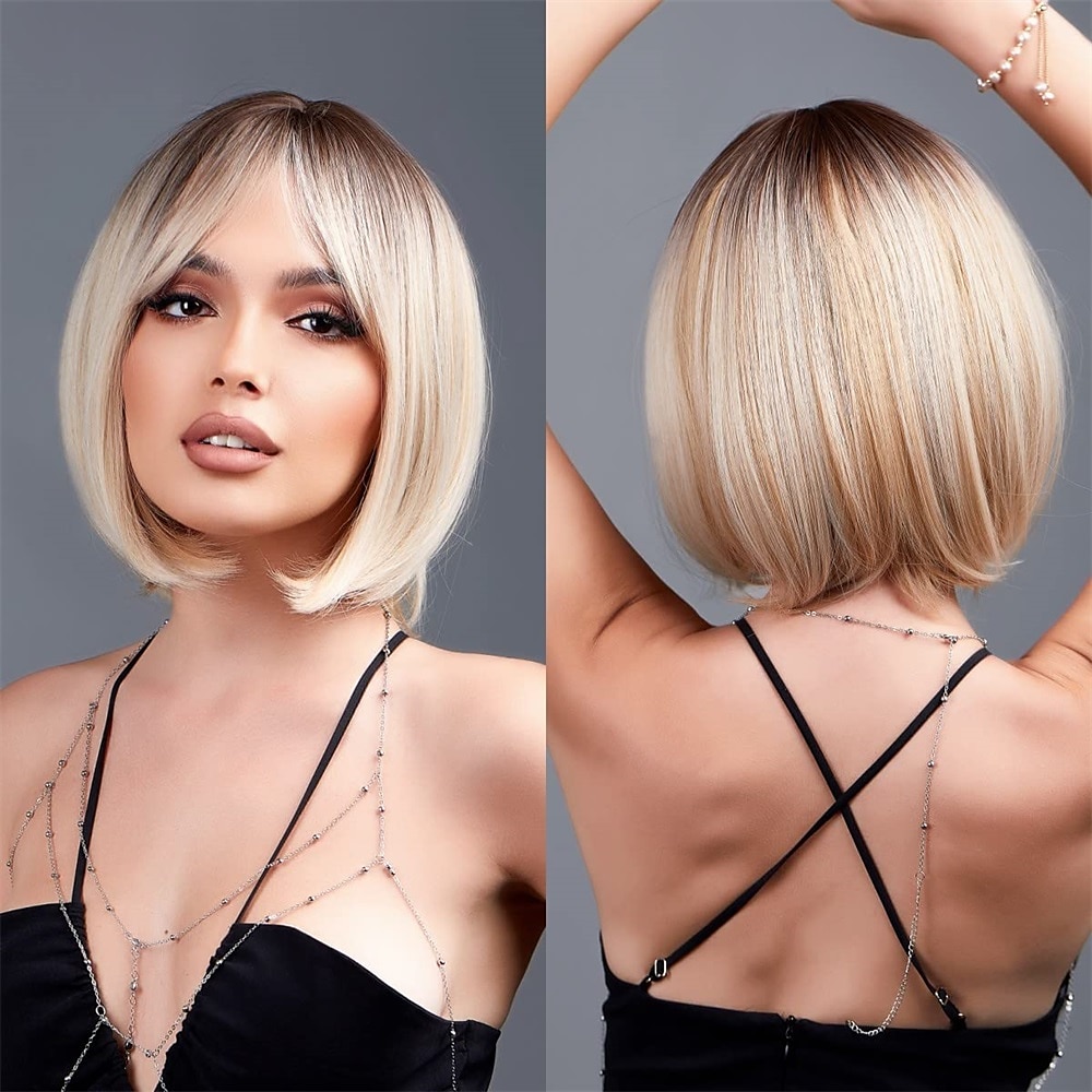 blonďatá bobová paruka s ofinou 13 krátkých bobových paruk pro ženy krátká blonďatá paruka s tmavými kořínky tepelně odolná syntetická paruka přírodní hledá pro každodenní párty a cosplay 2025 - $24.99 –P16