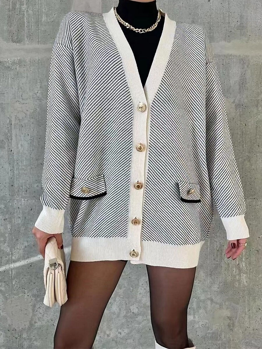 Women's Cardigan Sweater V Neck Ribbed Knit Acrylic Polyester Button Print Summer Fall Long Outdoor Daily Going out Stylish Casual Soft Long Sleeve Striped White Camel Light Blue One-Size 2023 - US $43.99 –P11