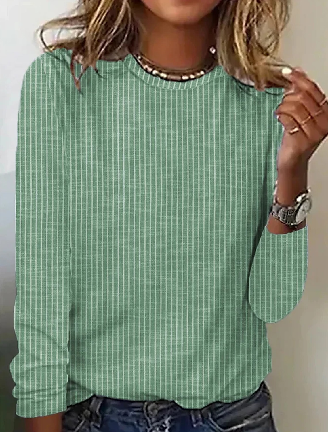 Damen T Shirt Gestreift Basic Langarm Rundhalsausschnitt Normale Oberteile Täglich Wochenende Bedruckt Rosa Blau Grün Grau Herbst Winter 2025 - $23.99 –P10