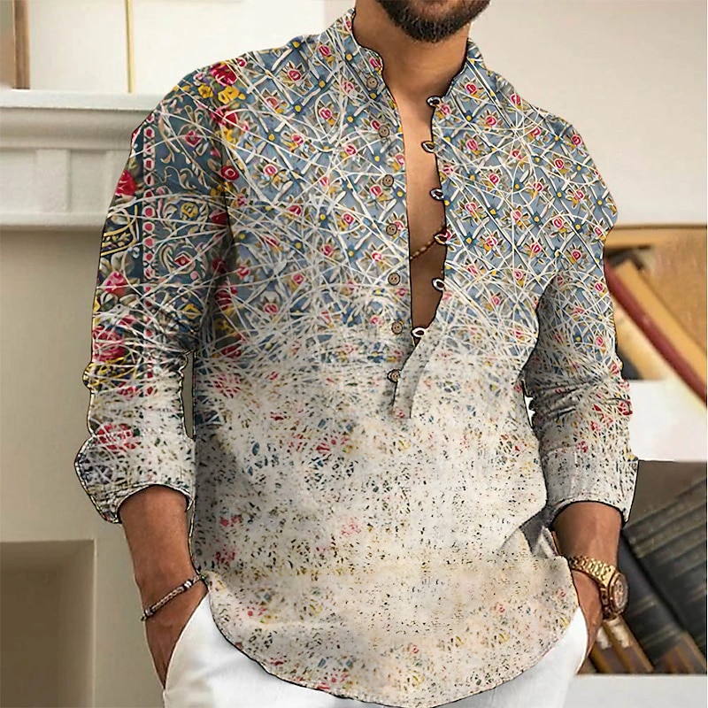 Herr Geometri Etnisk Skjorta Knapp upp skjorta Långärmad Mode Streetwear Designer Utomhus Ledigt Dagligen Sommar Vår Höst Hög krage Mönster Gul Rodnande Rosa Blå Brun Grön 2025 - $26.99 –P4
