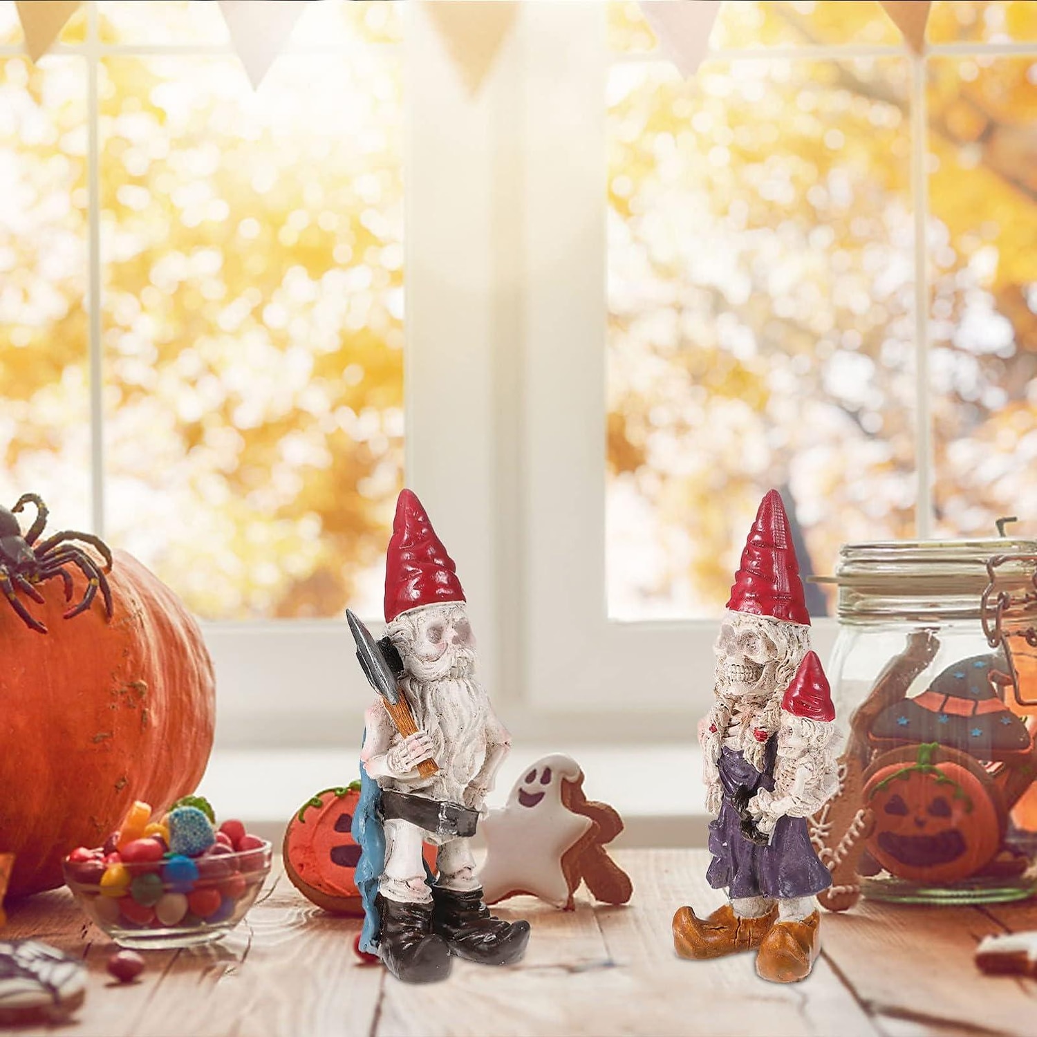 2ks halloweenská kostra skřítci pryskyřice zombie skřítci sochy kostra trpasličí ornament hrůza lebka elf trpasličí figurky na trávník před verandu halloween dekorace stolní dekorace 2025 - $12.49 –P7