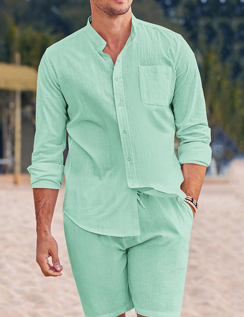 Herren Hemd mit chinesischem Kragen Hemd mit Stehkragen Zweiteilig Hemd Set Sommerhemd Freizeithemd Rosa Blau Grün Beige Grau Langarm Einfach Großvaterkragen Stehkragen Urlaub Täglich Fronttasche 2025 - $40.99 –P1