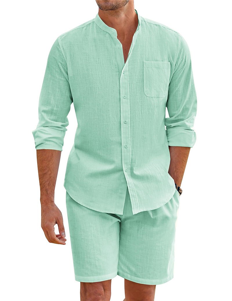 Herren Hemd mit chinesischem Kragen Hemd mit Stehkragen Zweiteilig Hemd Set Sommerhemd Freizeithemd Rosa Blau Grün Beige Grau Langarm Einfach Großvaterkragen Stehkragen Urlaub Täglich Fronttasche 2025 - $40.99 –P2