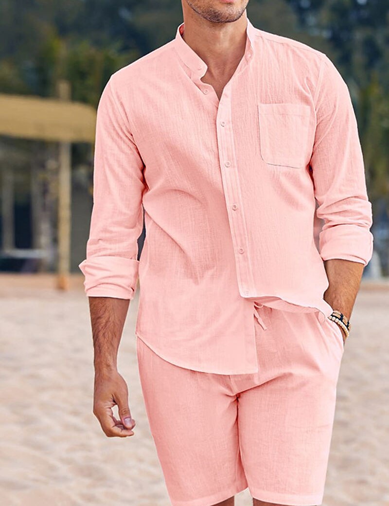 Herren Hemd mit chinesischem Kragen Hemd mit Stehkragen Zweiteilig Hemd Set Sommerhemd Freizeithemd Rosa Blau Grün Beige Grau Langarm Einfach Großvaterkragen Stehkragen Urlaub Täglich Fronttasche 2025 - $40.99 –P6